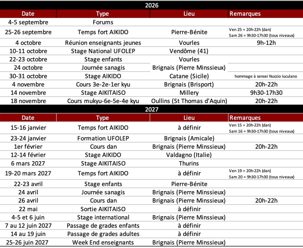 Calendrier des cours